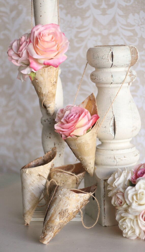 SET OF 6 Mini Rustic Birch Bark Flower Holder Cones Decor (item M10473)