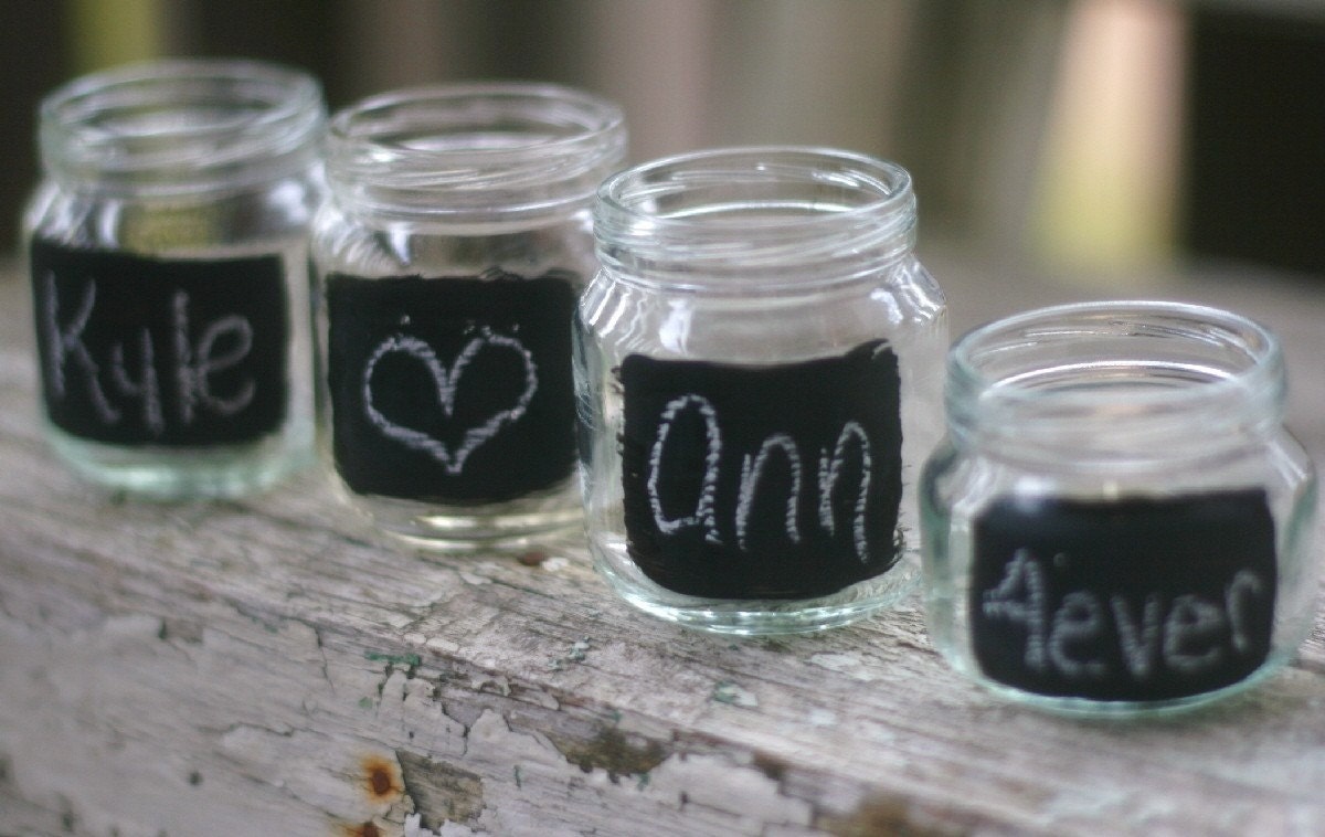 Upcycled Glass Jars With Chalkboard Fronts Tea Light Candle  Holder Rustic Woodland Wedding