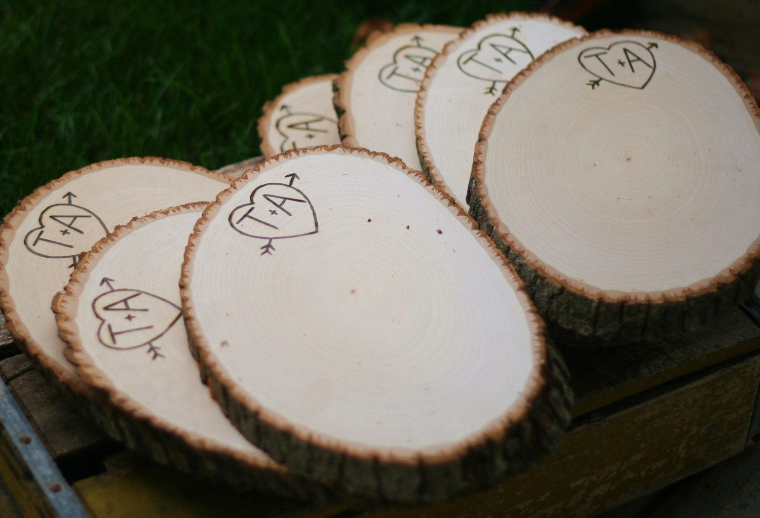 LARGE set of 12 Personalized Custom Engraved Heart and Arrow Wood Tree Slice Wedding Centerpiece