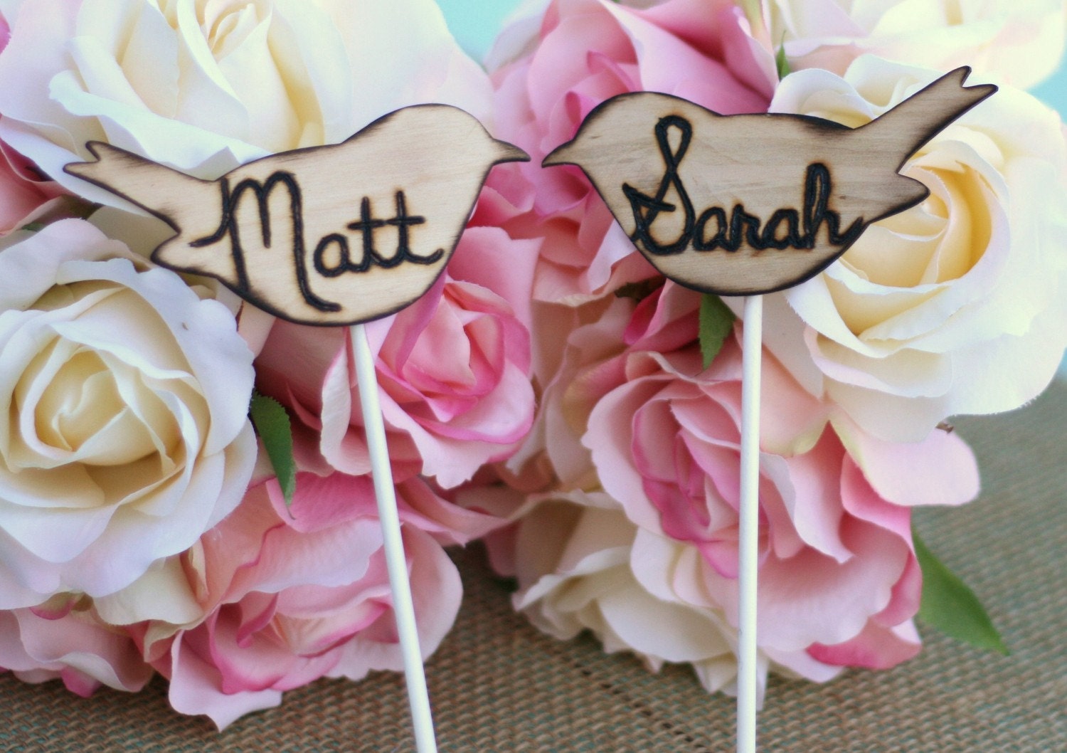Love Birds Cupcake Cake Toppers Rustic Personalized Wedding Decor (item E10042)