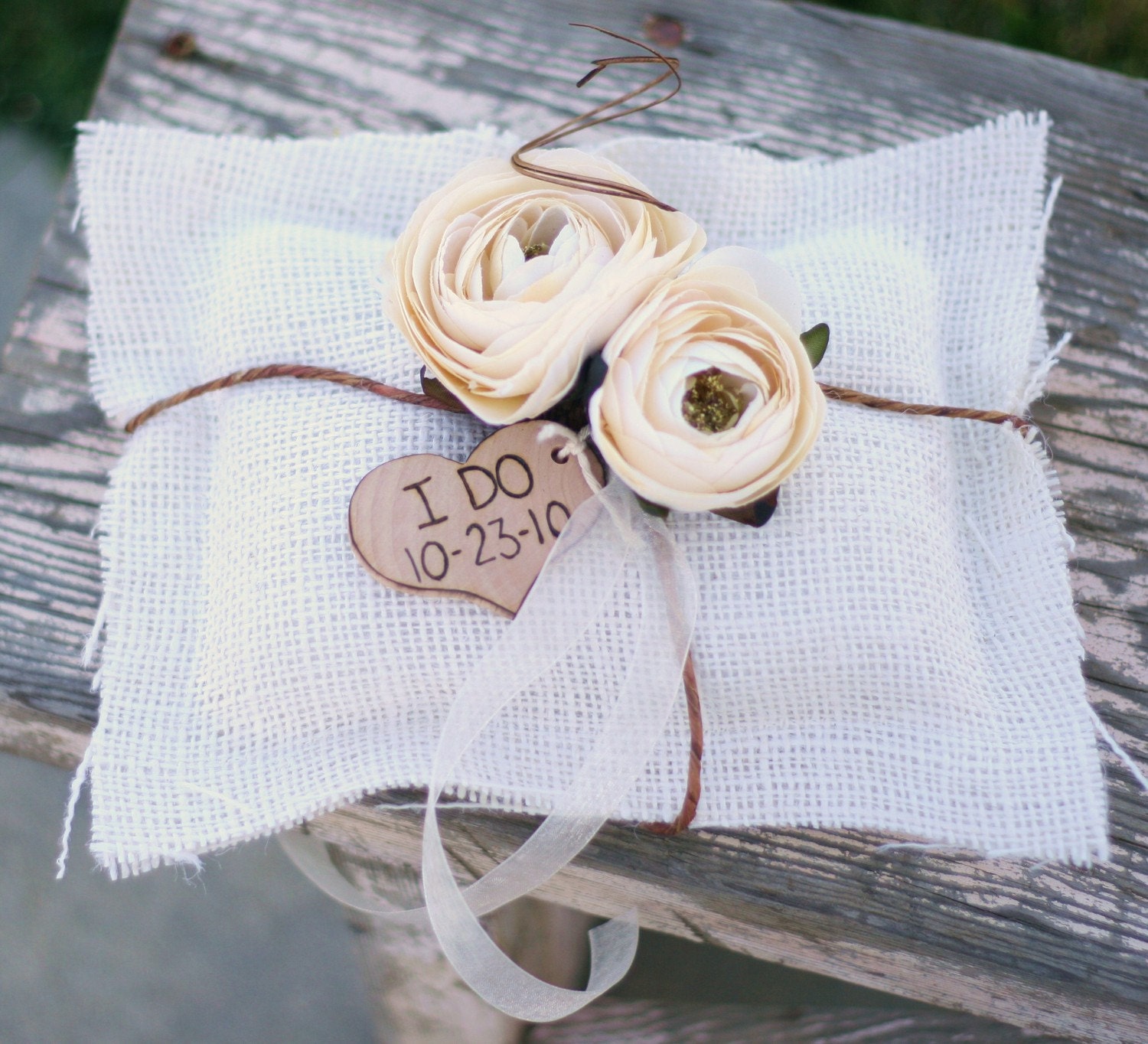 Vintage Wedding Ring Pillow Burlap Pillow Personalized (item PI10077)