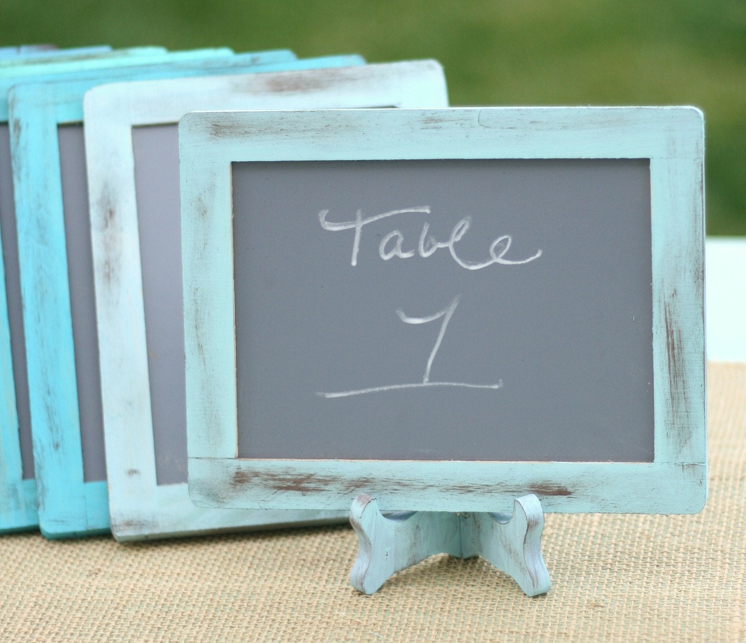 SET of 12 Custom Distressed Barn Wood Style Wedding 4x6 Chalkboard Signs Frames & Small Easels