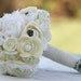 Bride Bouquet White Cream Roses Ranunculus Burlap and Lace Silk Arrangement