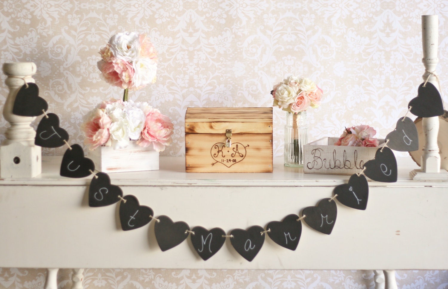 Chalkboard Wedding Heart Banner Shabby Chic Decor (item D10008)