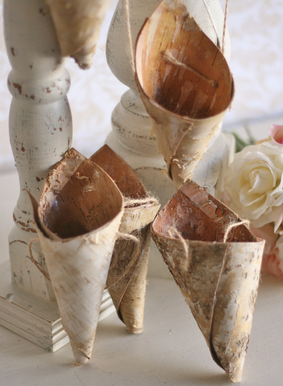 SET OF 6 Mini Rustic Birch Bark Flower Holder Cones Decor (item M10473)