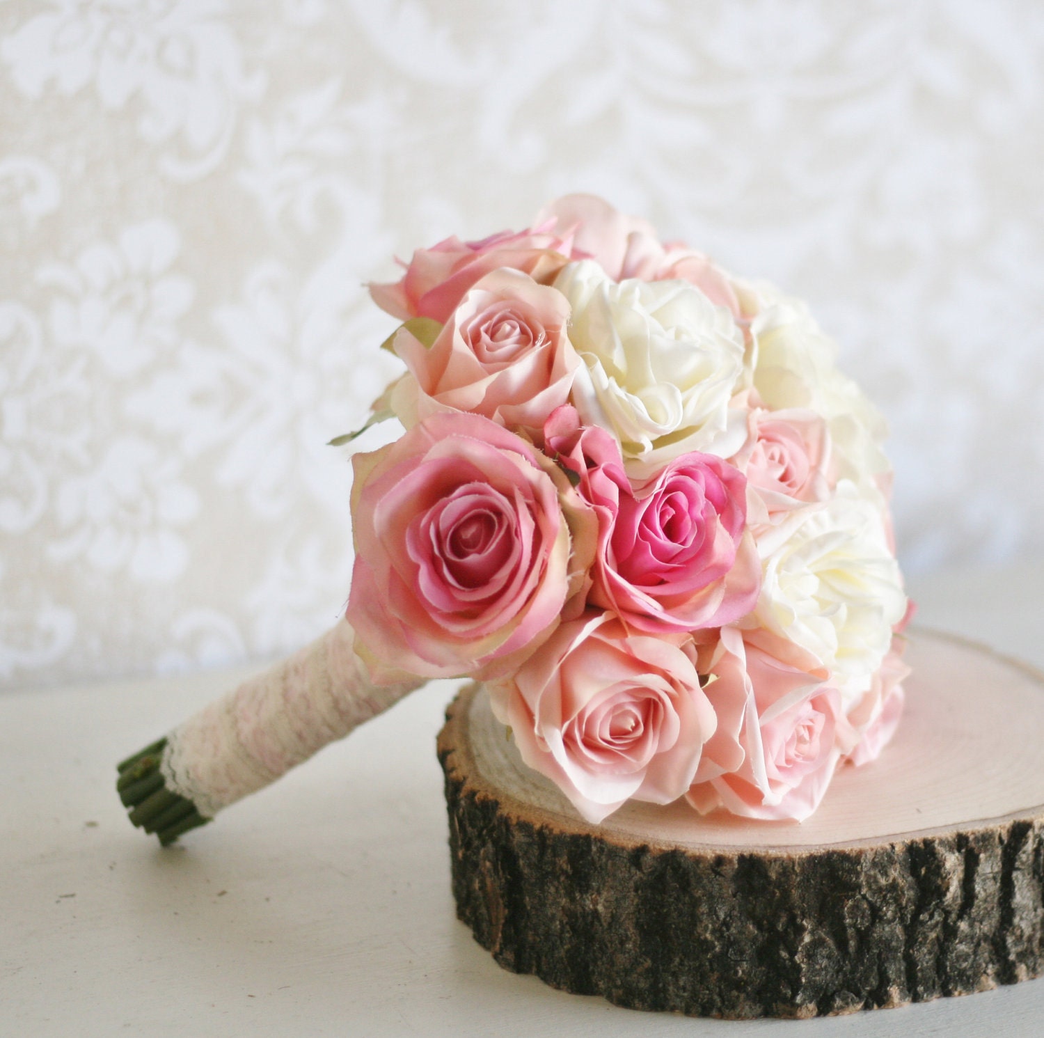 Silk Bride Bouquet Roses Lace Shabby Chic Wedding Arrangement