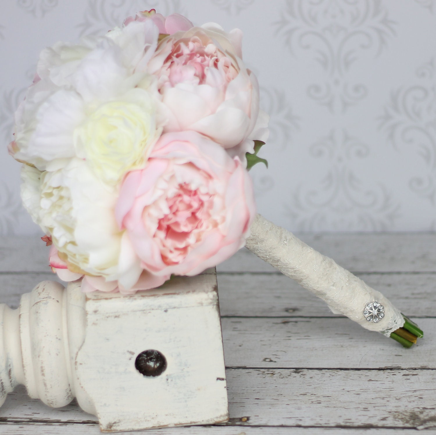 Silk Bride Bouquet Peony Flowers Peonies Lace Rhinestone Charm (item F10359)