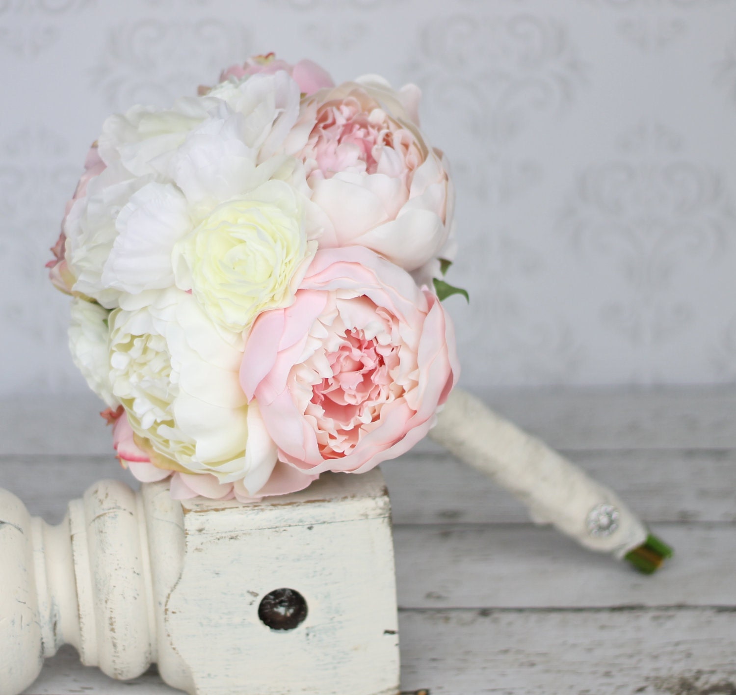 Silk Bride Bouquet Peony Flowers Peonies Lace Rhinestone Charm (item F10359)