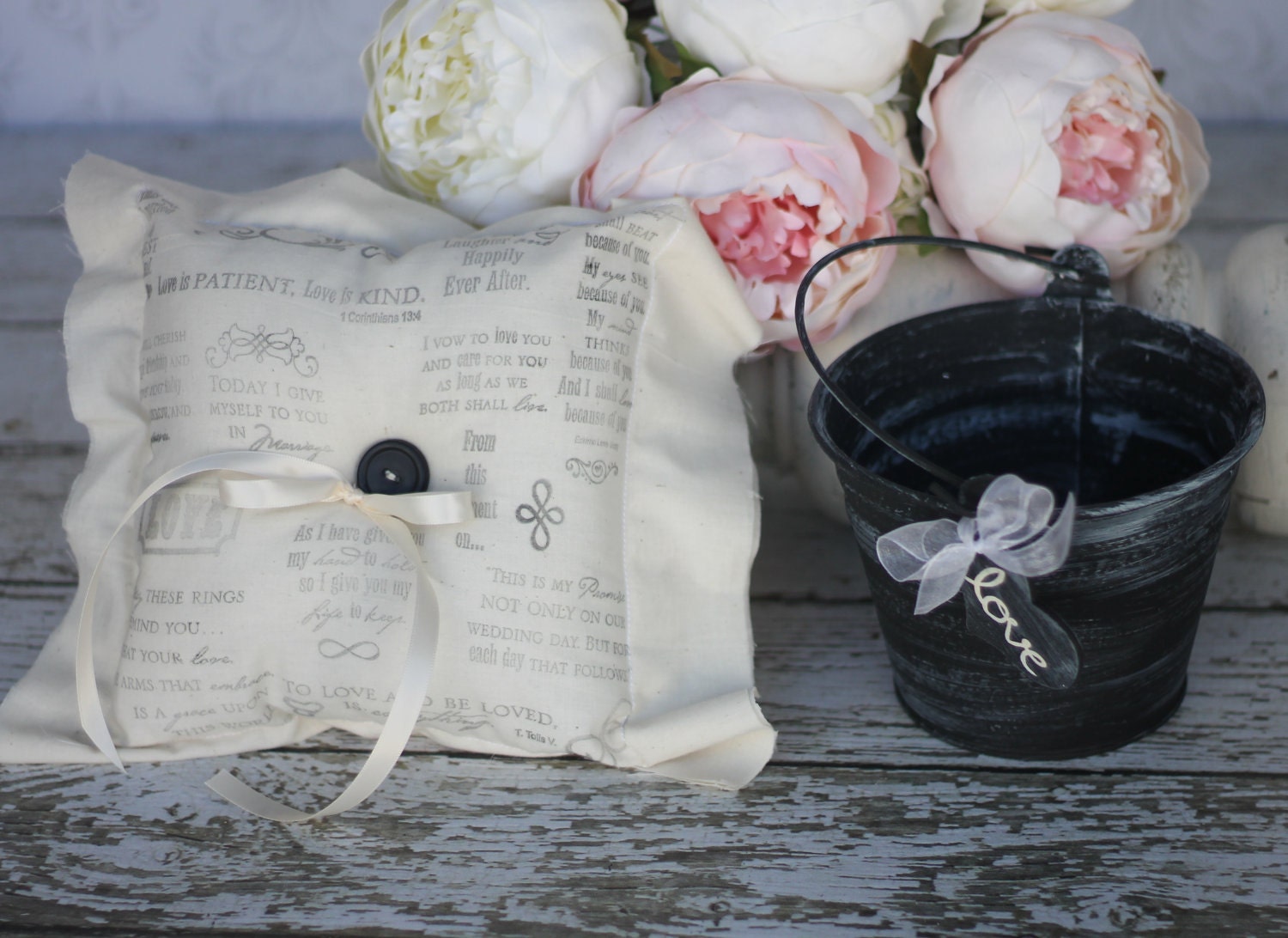 Ring Bearer Pillow Flower Girl Basket Love Quotes SET (item S10387)
