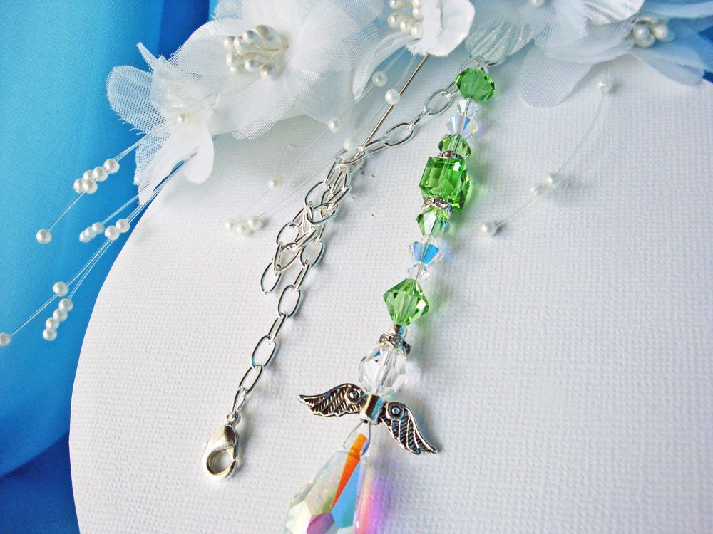Rear View Mirror Car Charm Swarovski Green Crystals and Crystal Angel Car Accessory