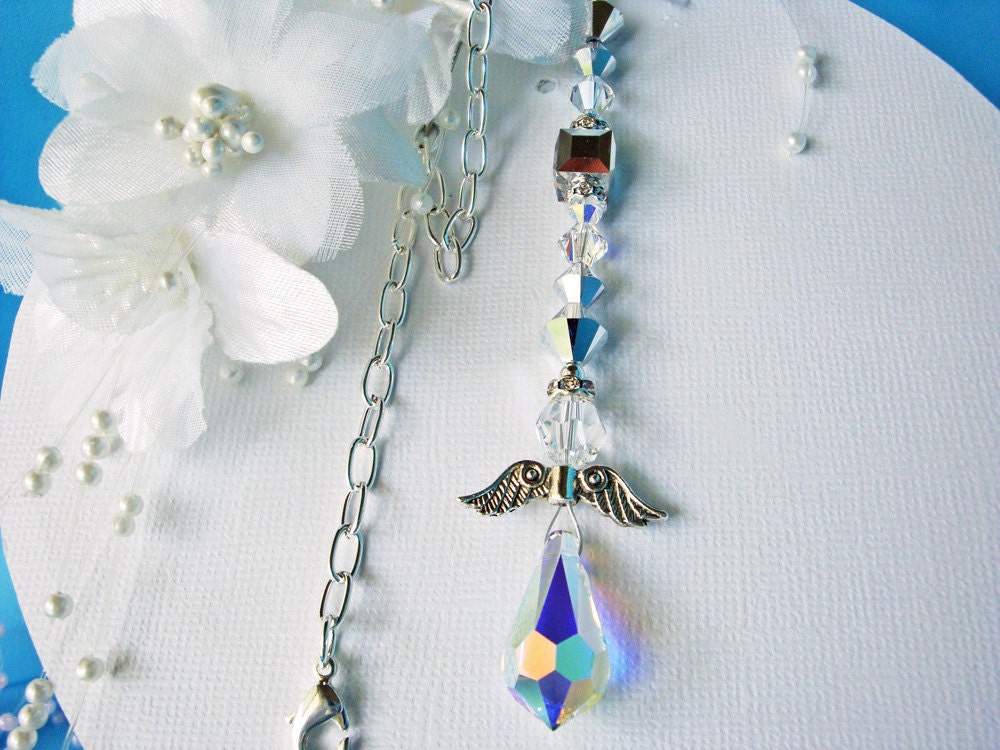Rear View Mirror Car Charm Swarovski Silver Crystals and Guardian Angel Car Accessories