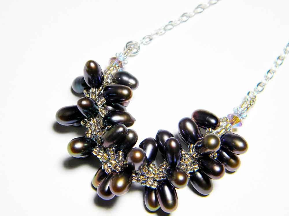 Brown Freshwater Pearl Necklace with Swarovski Crystals, Sterling Silver - "Ophelia's Sea Urchin" by Whimsy Beading