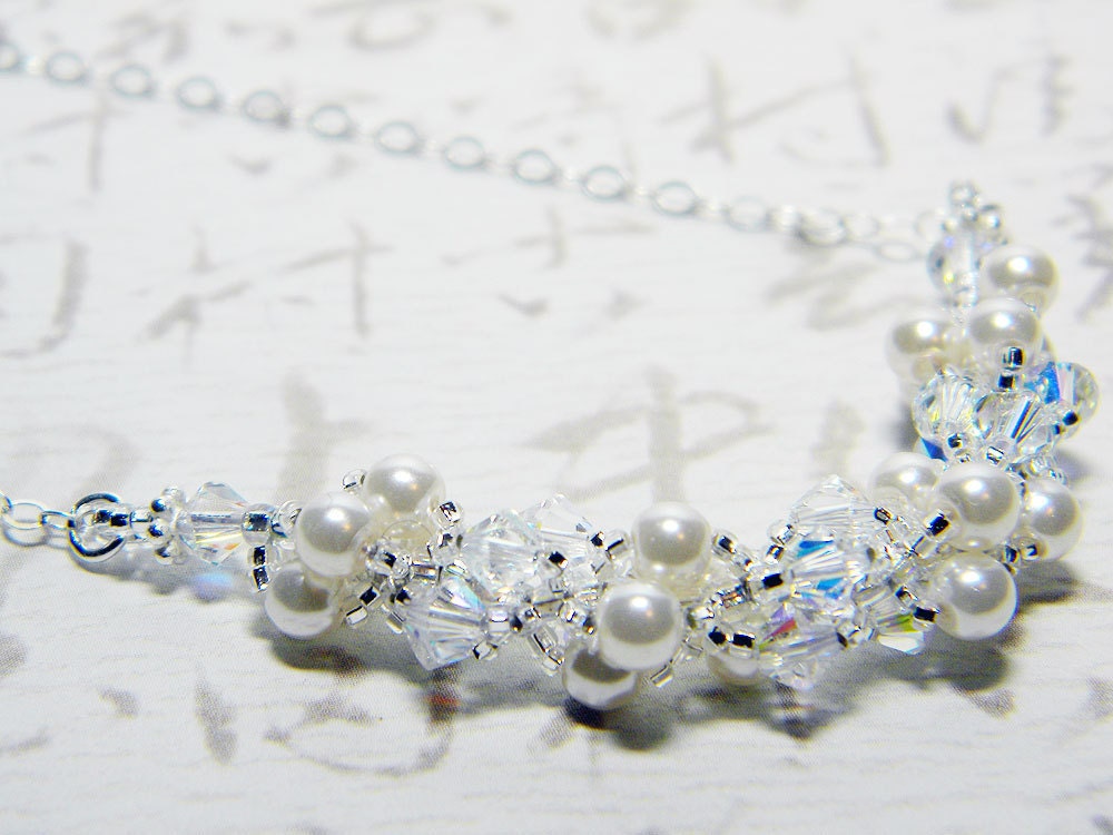 Cream Glass Pearl and Swarovski Crystal AB Necklace - "Adoration" Wedding Day Finery