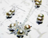Champagne Freshwater Pearl Necklace and Earrings Set Swarovski Crystal Sterling Silver - "Champagne Bubbles"