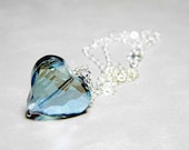 Blue AB Freeform Crystal Heart Necklace Sterling Silver - "Heart of Glass"