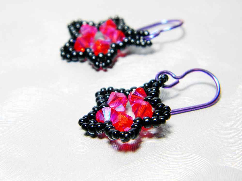Hyacinth Orange 2X AB Hot Pink Piano Black Star Earrings Beadweaving Purple Niobium - "Punk Rock Star"
