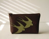 birds mini clutch : "swallows in flight" - green on chocolate brown vegan pleather