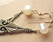 Pearl Chalcedony and Art Deco Antique Gold Dangle Earrings