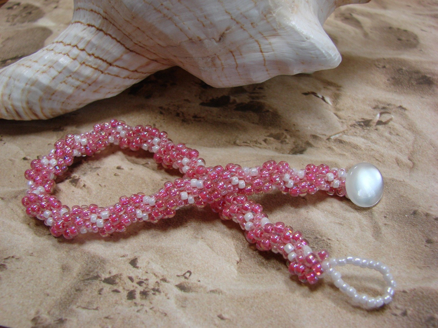 Bead Crochet Pink and White Bracelet with Vintage Glass Button