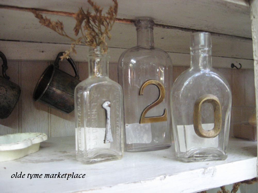 TREASURY ITEM...Vintage bottles with numbers....wedding table markers set of 10....