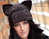 Dark Brown Kitty Cat Hat With Ear flaps-Crocheted For Adult Size- made to ORDER