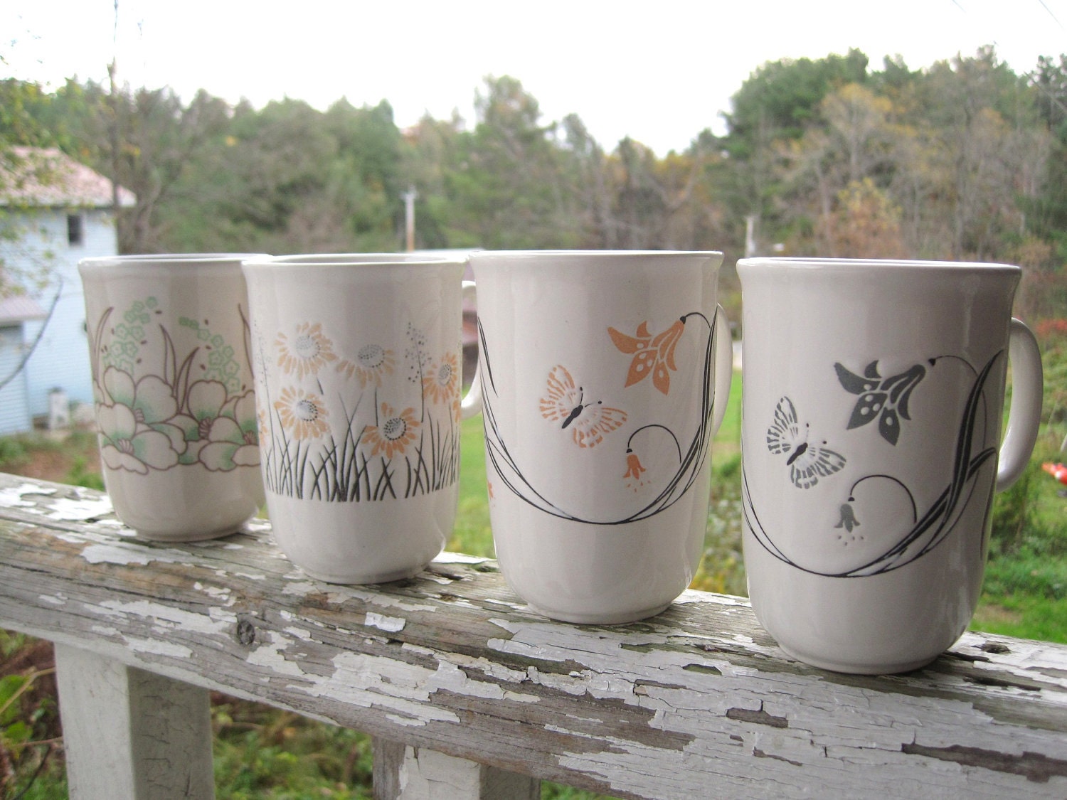 Vintage English Ironstone Mugs Butterly Flowers set of 4 Made in England