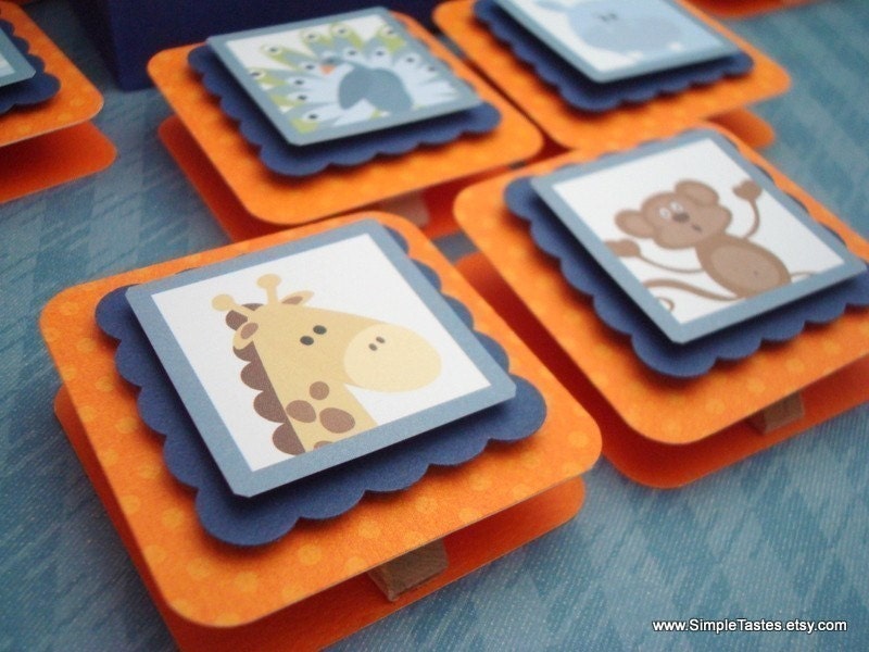 Zoo Animals Favor Bag Toppers, Navy and Orange, Set of Ten