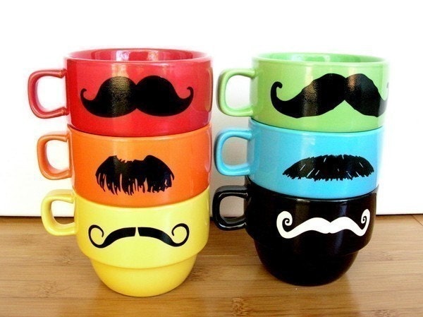 Upcycled Modern Stacking Mustache Mugs With Holder