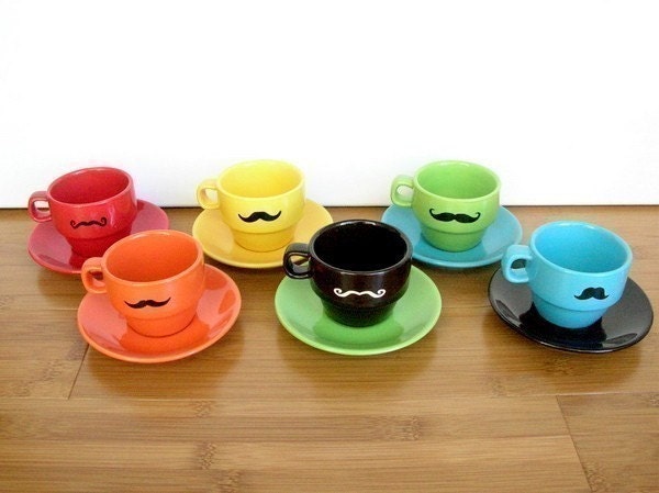 Upcycled Modern Stacking Mustache Espresso Mugs With Matching Plates and Holder