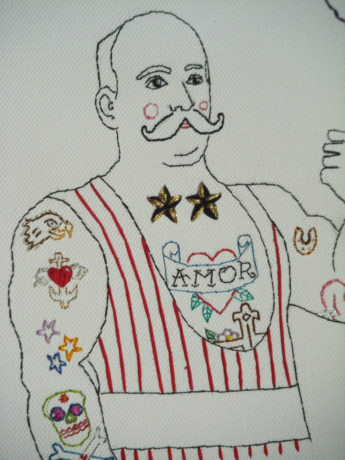 Hand embroidered  art canvas  Unique design The tattooed man