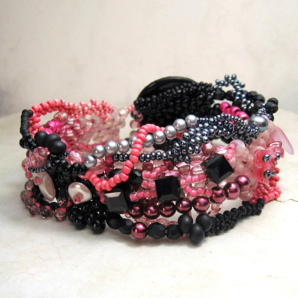 Free Form Pink Black Beadwork Bracelet Freeform Peyote Button Clasp Beadweaving Seed Beads  'At the Bijou'