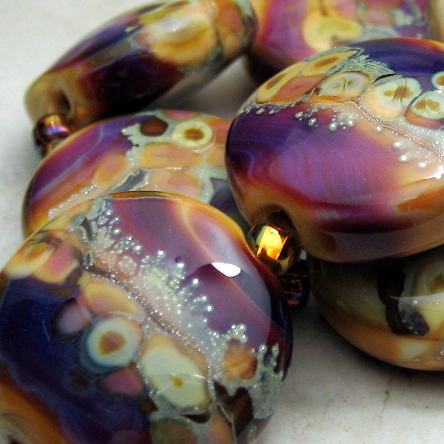 Handmade Lampwork Glass Bead Set of 7 Organic Rustic Lentil Purple Green Blue  'Autumn Fire' Made to Order