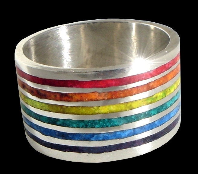 925 Solid Sterling Silver Mosaic Rainbow Gay Pride ring - Wide Wedding band - ALL SIZES