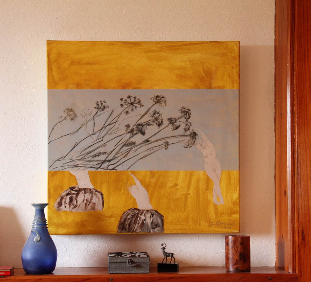 Abstract original Painting canvas modern wall art, oil white nude girl, flowers gray, yellow ocher for decor modern bedrooms