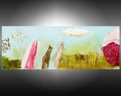 Abstract Original Painting 12x31 figurative canvas girl,dog cloud pink green turquoise Modern wall art