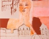 Print Giclee Art 8x11 paper pink gray brown, girl with abstract landscape buildings by Ana Gonzalez