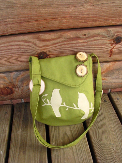 Mini Tweeting Birds Olive Green Purse /tote /handbag /school bag / Choose your own color, handmade wood button, and 6 large pockets