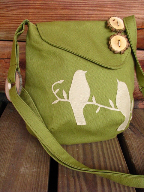 Mini Tweeting Birds Olive Green Purse /tote /handbag /school bag / Choose your own color, handmade wood button, and 6 large pockets