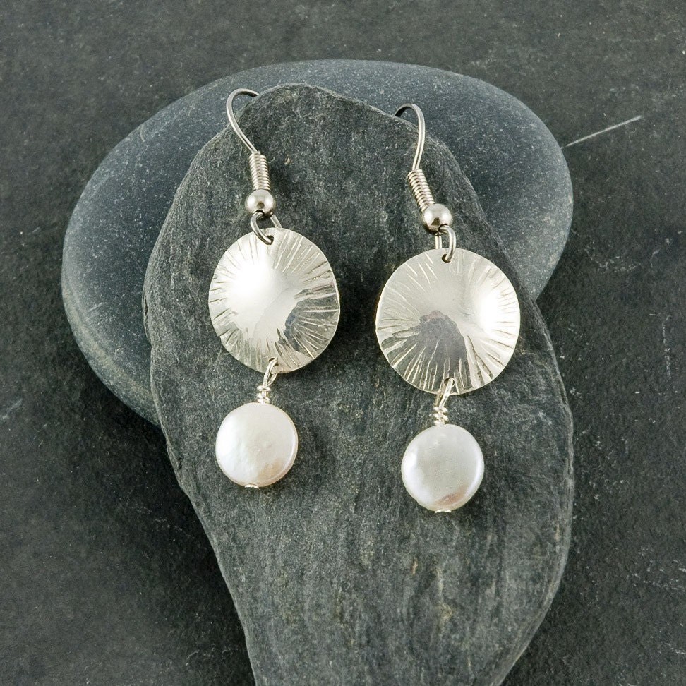Chased dome sterling silver earrings with Coin pearls