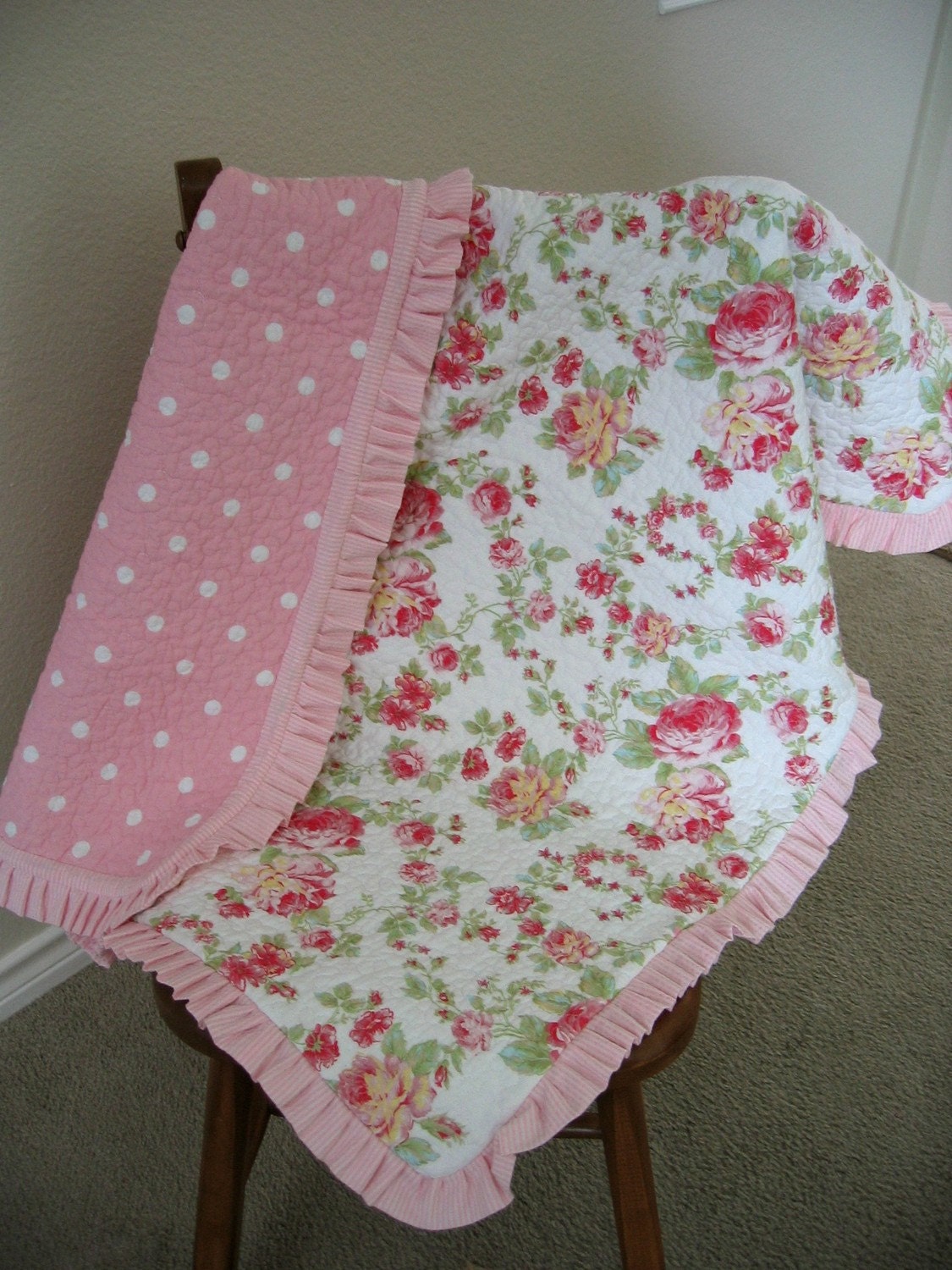 Baby Quilt Pink Roses with Ruffle Dots on Back