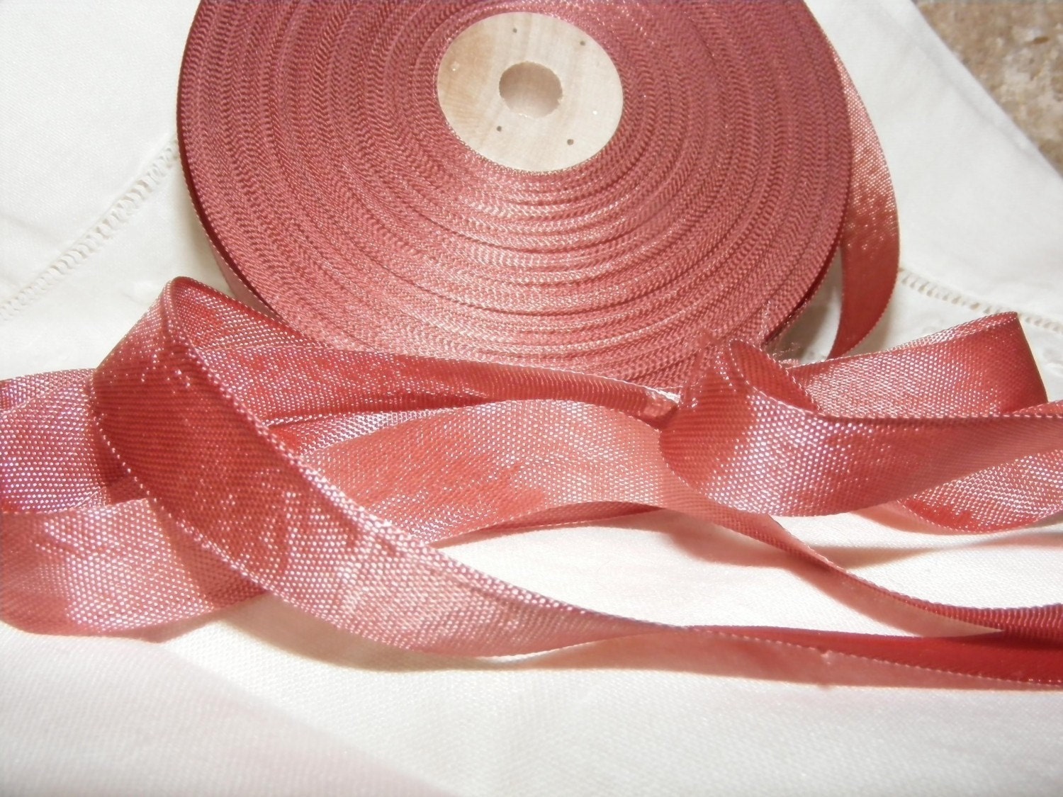 Vintage French Woven Ribbon -Milliners Stock- 5/8 inch 1930's-40's Brick Rose Red