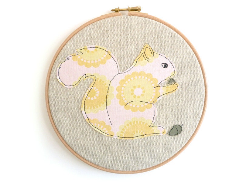 Embroidered Hoop Art - Pesky Squirrel Textile Artwork in yellow and pink - Medium 8" hoop