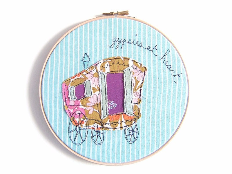 Embroidery Hoop Art - 'Gypsies at Heart' Whimsical Textile Art in turquoise & purple - 8" hoop