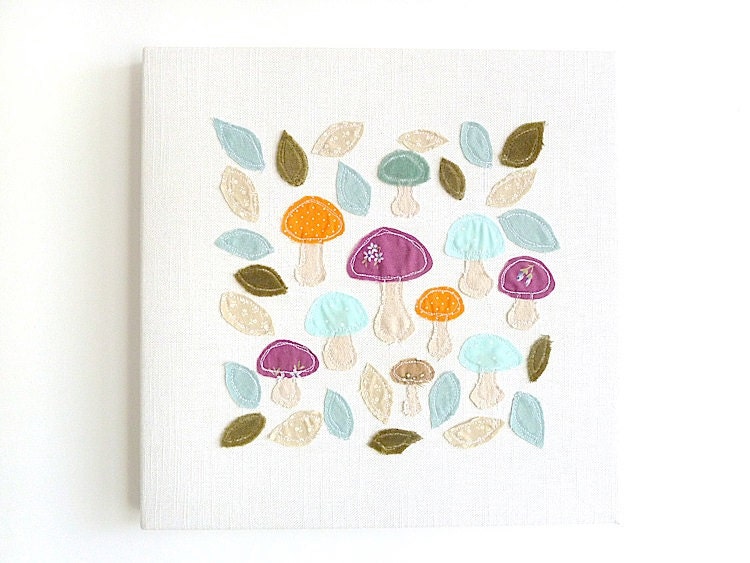 Embroidery Art Canvas - 'Foraging' Original Textile Artwork. Purple, orange & blue leaves and mushrooms