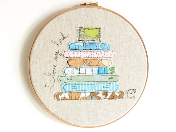 Embroidery Hoop Art - 'I love my bed' Textile Art in turquoise, green, brown - Large 10" hoop