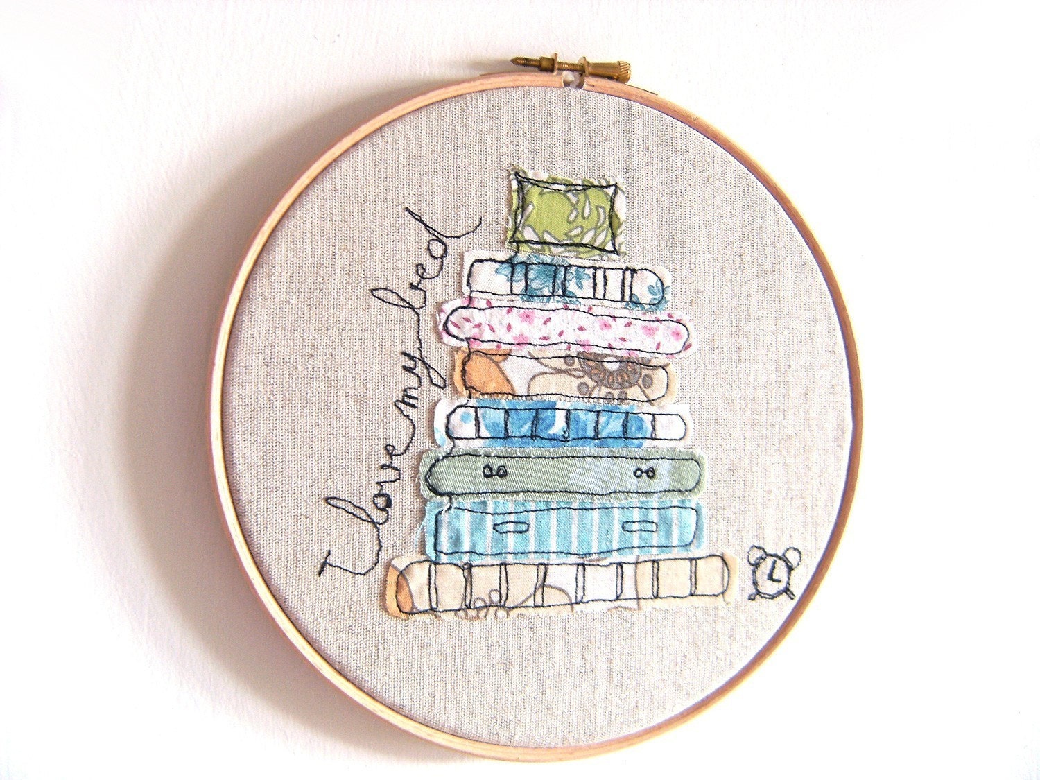 Embroidery Hoop Art - 'I love my bed' Textile Artwork in turquoise, orange & green - 8" hoop