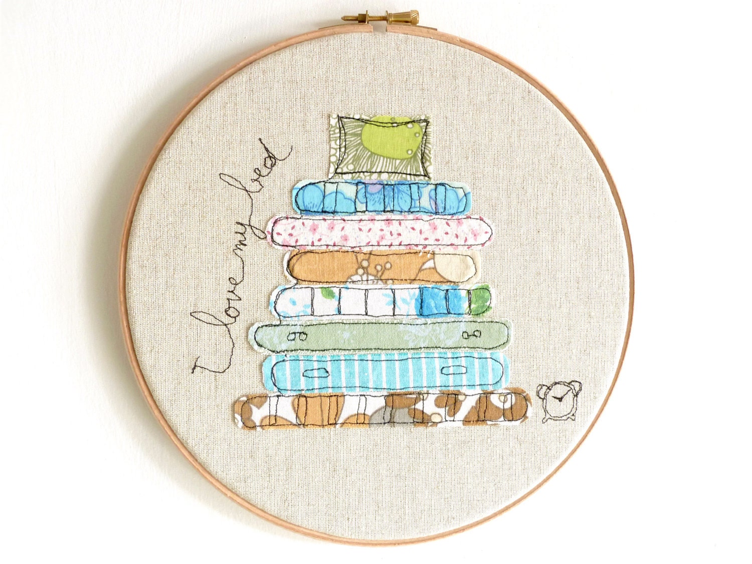 Embroidery Hoop Art - 'I love my bed' Textile Art in turquoise, green, brown - Large 10" hoop