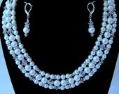 Swarovski Pearls and Crystal Triple Strand Wedding/Special Event Necklace, Earrings
