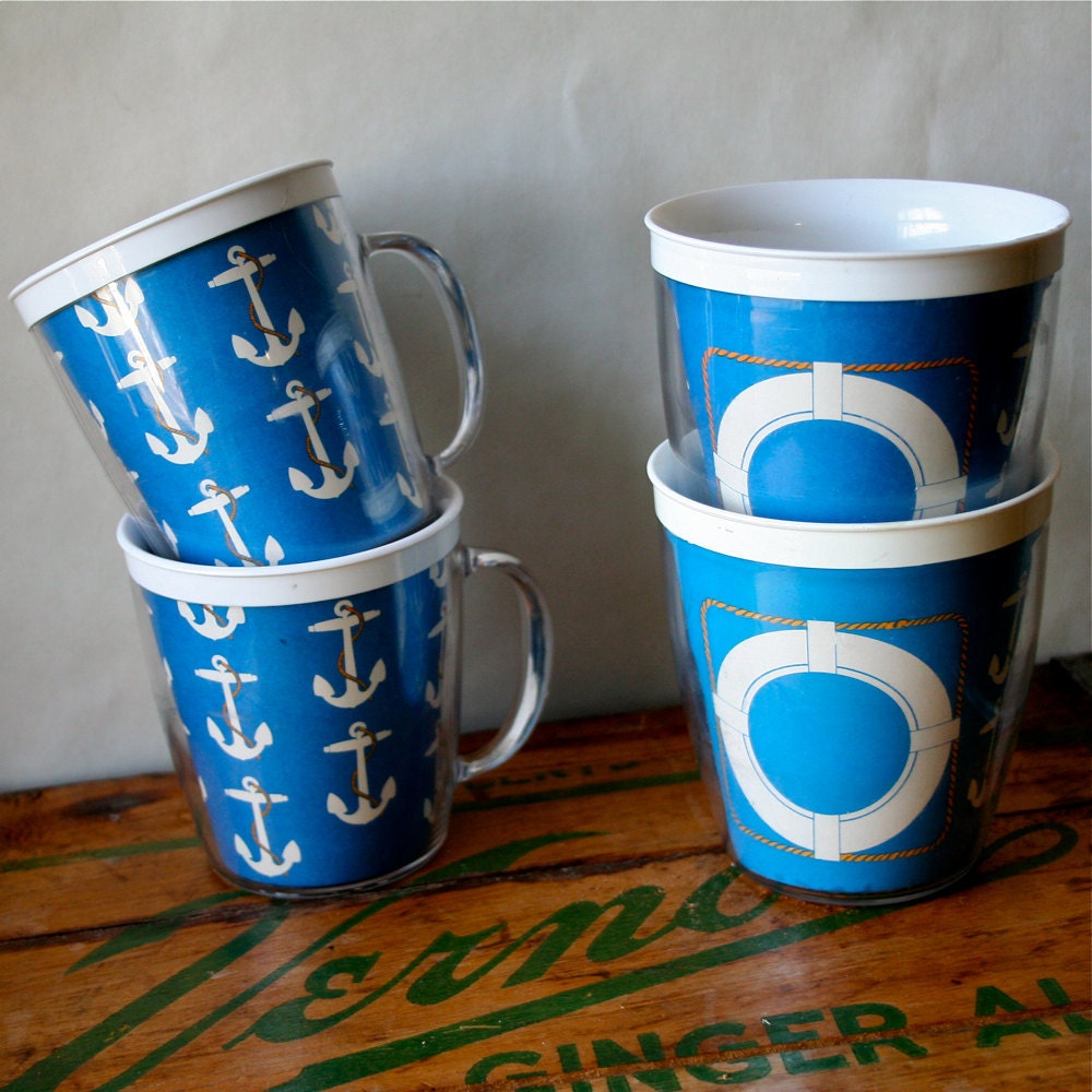 Vintage Nautical Thermal Mugs Tumblers Plastic Midcentury Boating SALE