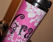 Personalized Embroidered Coffee Mug Travel Beverage Tumbler Stainless Steel HOT PINK DAMASK